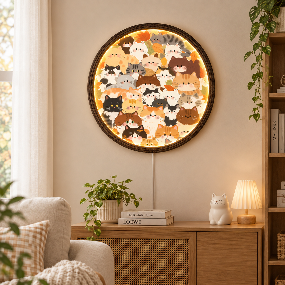 Autumn Cat LED Wall Art – Round Illuminated Cat Wall Decor