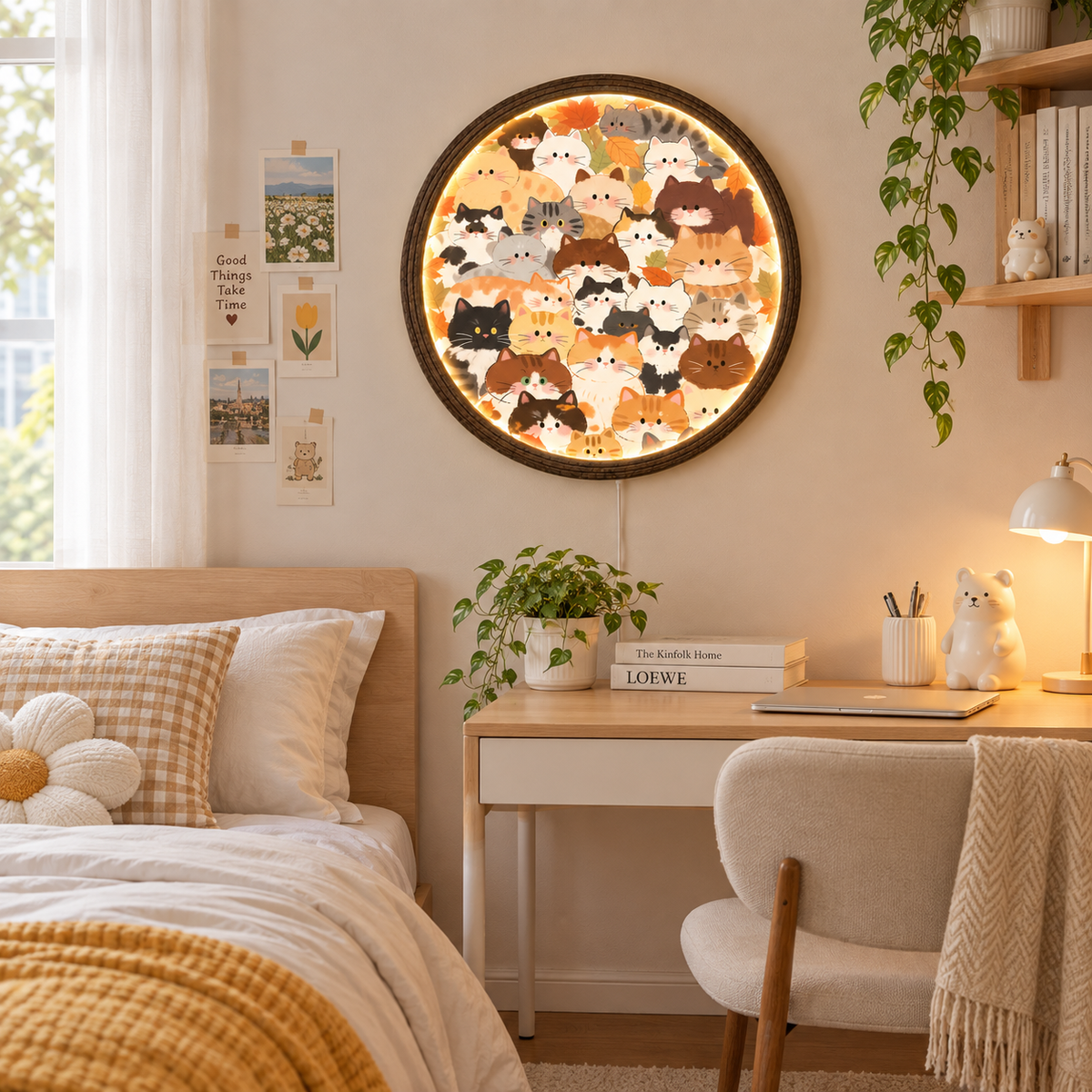 Autumn Cat LED Wall Art – Round Illuminated Cat Wall Decor