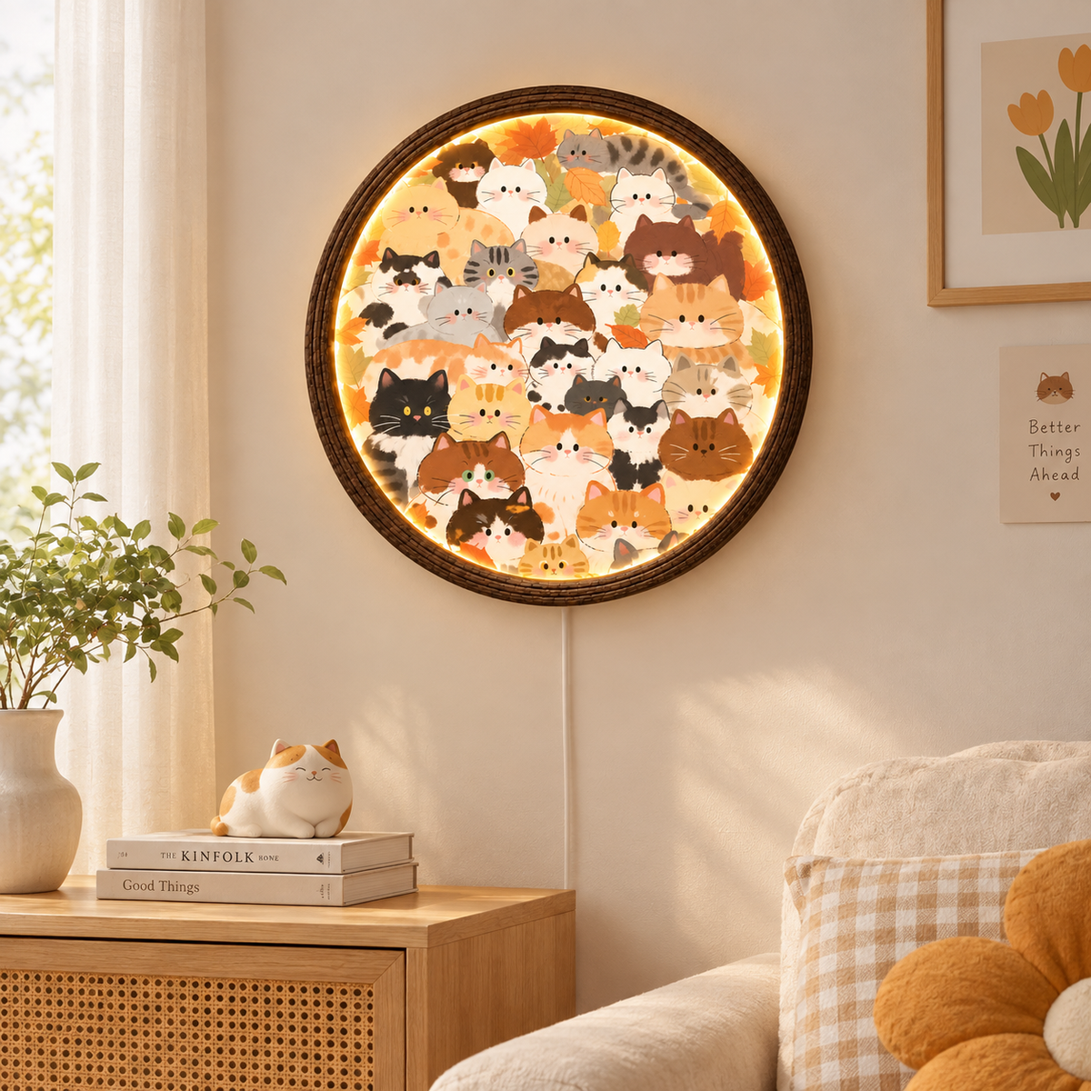 Autumn Cat LED Wall Art – Round Illuminated Cat Wall Decor