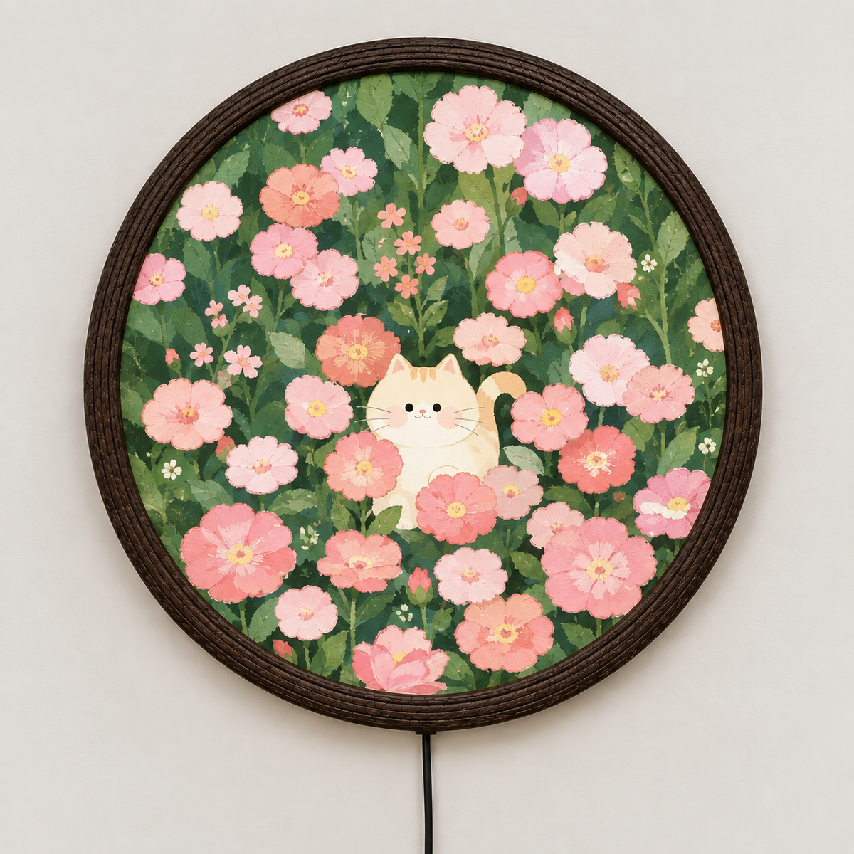 Floral Cat LED Wall Art – Round Illuminated Wall Decor, Pink Flower & Cat Home Accent