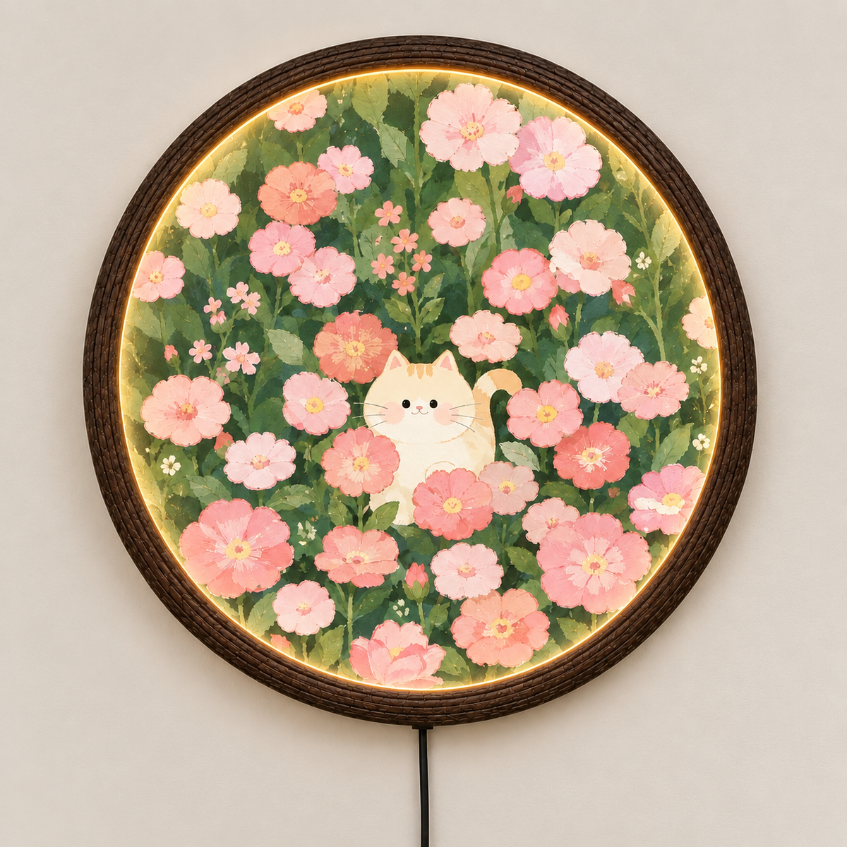 Floral Cat LED Wall Art – Round Illuminated Wall Decor, Pink Flower & Cat Home Accent