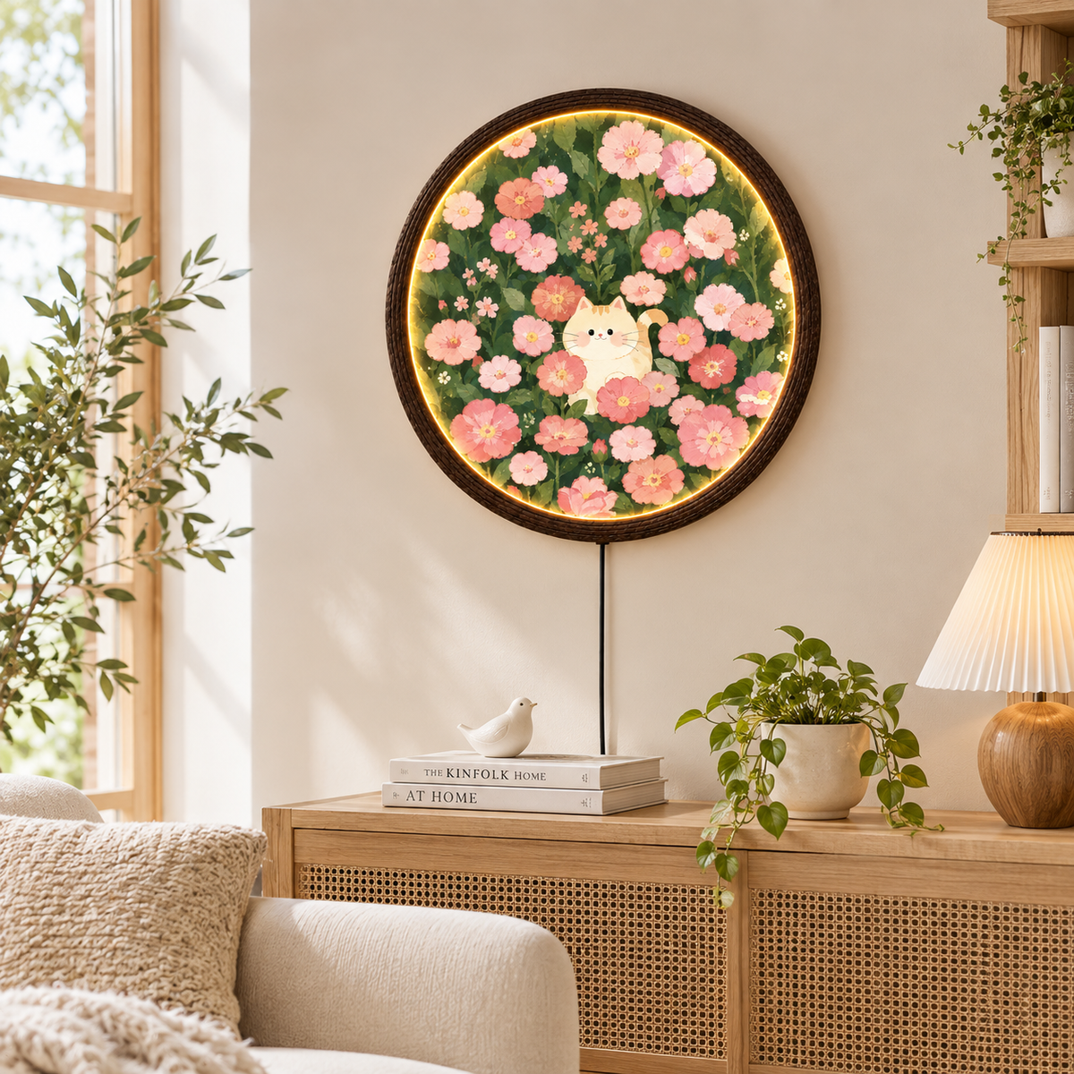 Floral Cat LED Wall Art – Round Illuminated Wall Decor, Pink Flower & Cat Home Accent