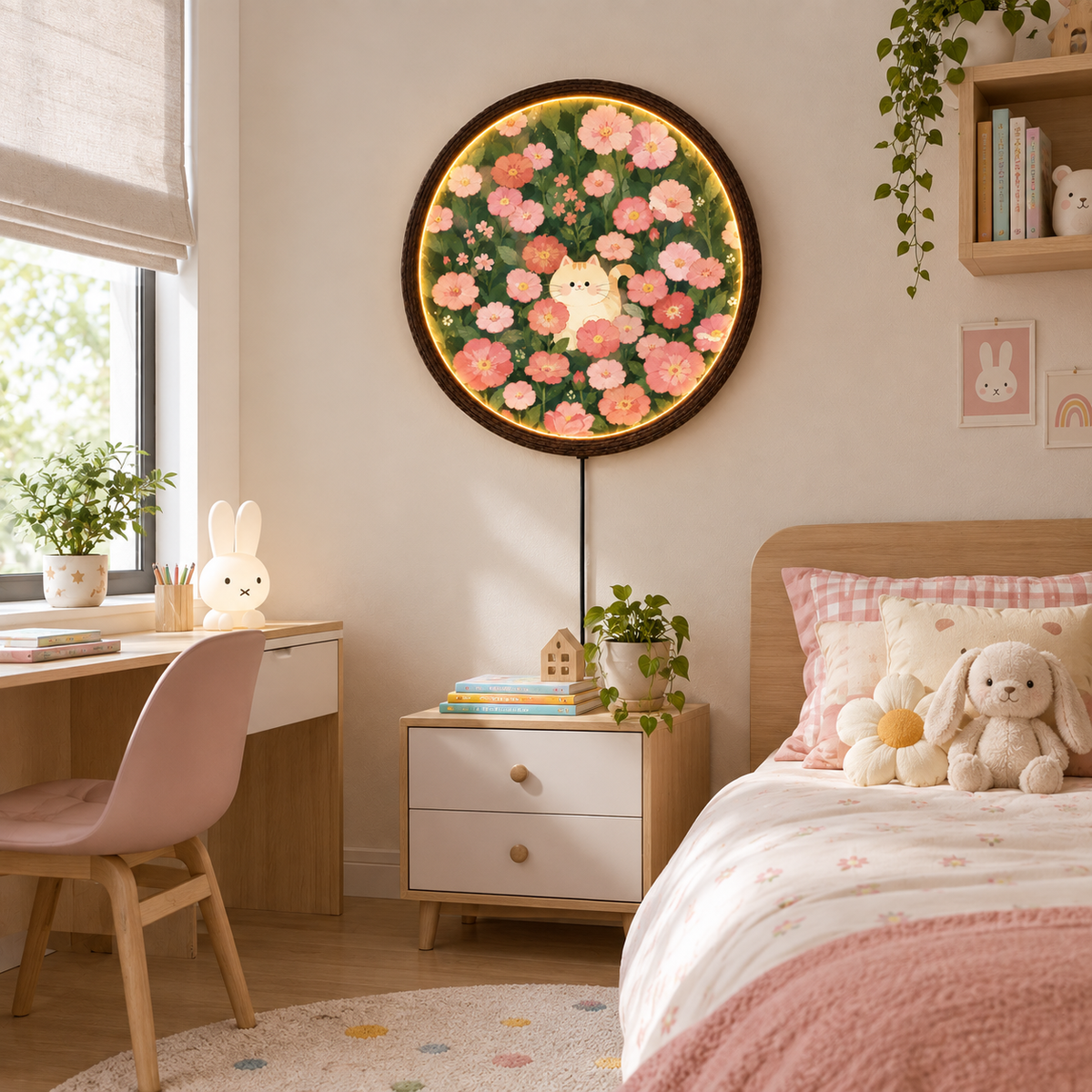 Floral Cat LED Wall Art – Round Illuminated Wall Decor, Pink Flower & Cat Home Accent
