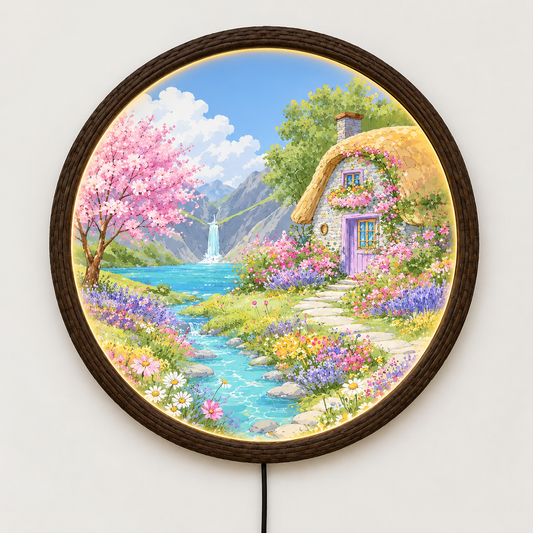 Round LED Wall Art with Cottage Garden Landscape – Illuminated Home Decor