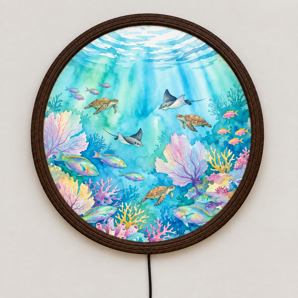 Ocean Reef LED Wall Art – Round Underwater Coral & Sea Turtle Wall Decor