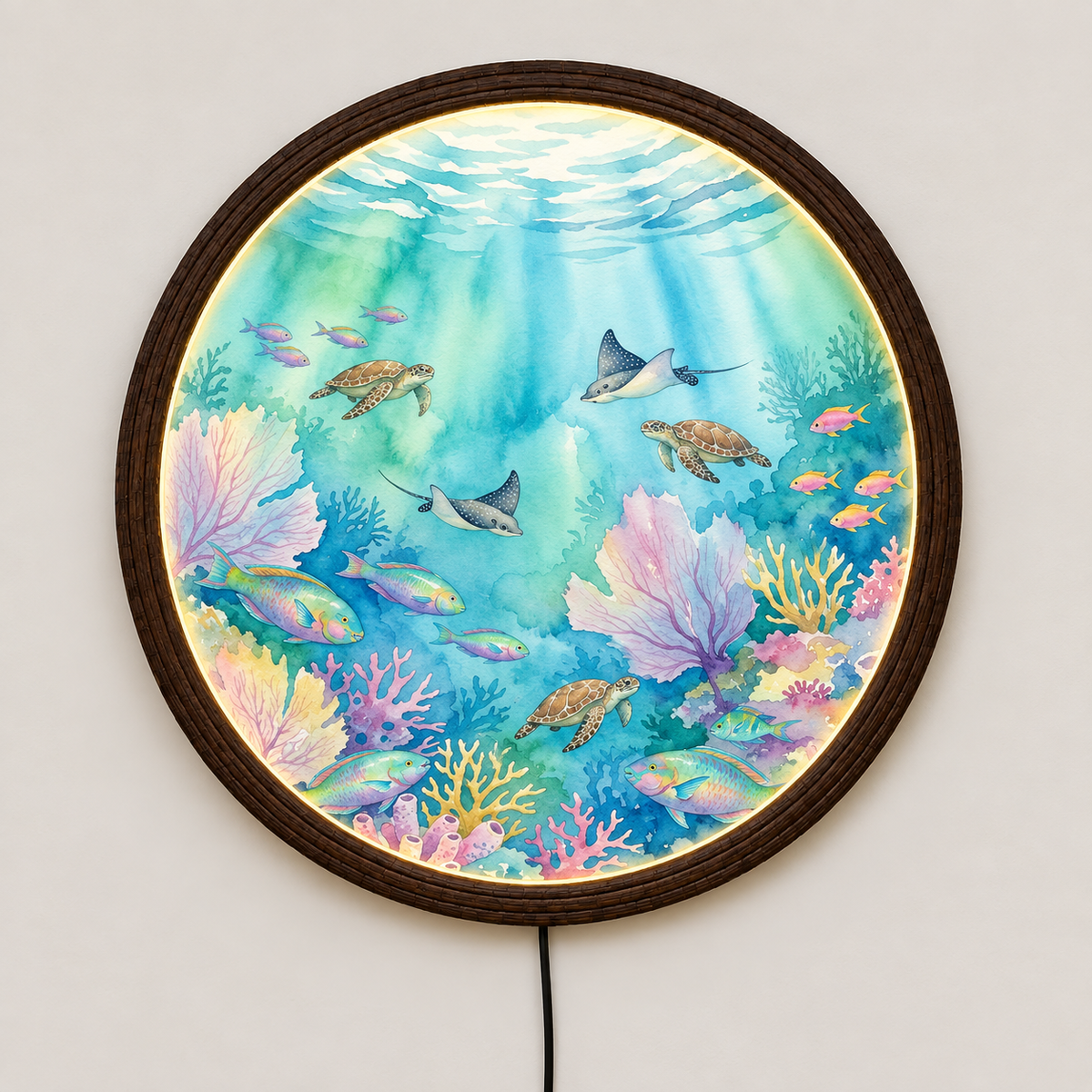 Ocean Reef LED Wall Art – Round Underwater Coral & Sea Turtle Wall Decor