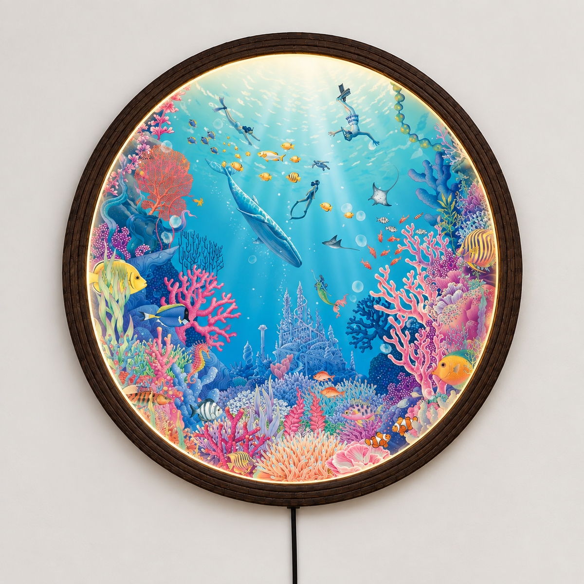 Round Underwater Coral Reef LED Wall Art – Illuminated Ocean Wall Decor