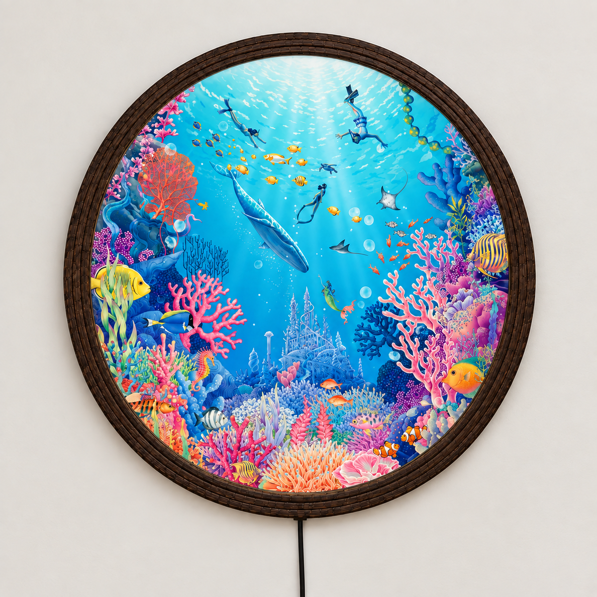 Round Underwater Coral Reef LED Wall Art – Illuminated Ocean Wall Decor