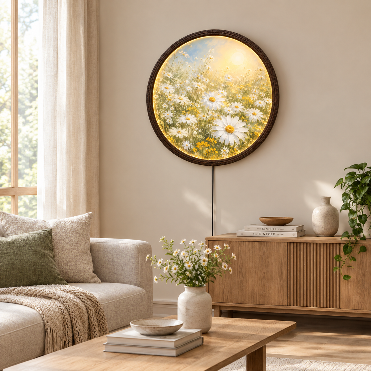 Floral LED Wall Art – Round Daisy Meadow Illuminated Wall Decor