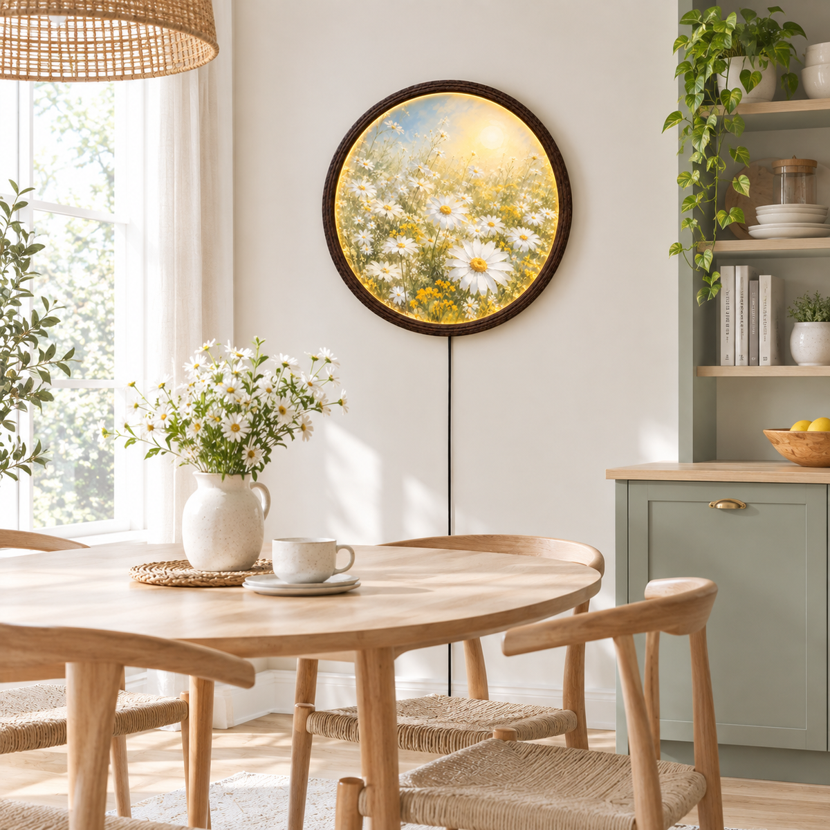 Floral LED Wall Art – Round Daisy Meadow Illuminated Wall Decor