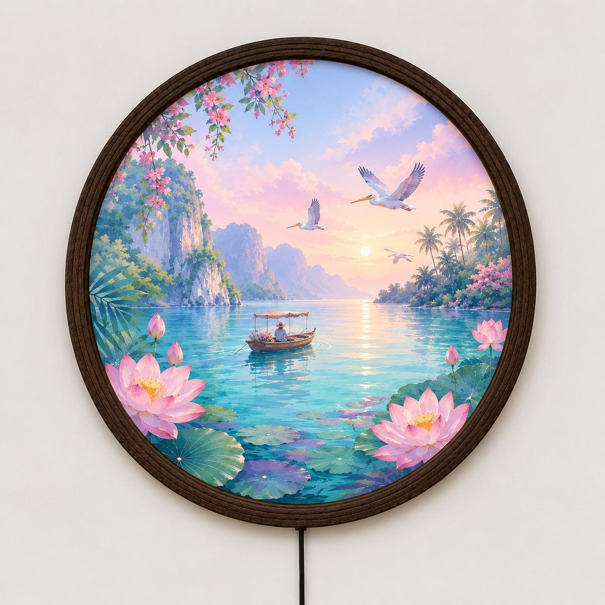 Round Tropical Lotus Lake LED Wall Art – Illuminated Nature Wall Decor