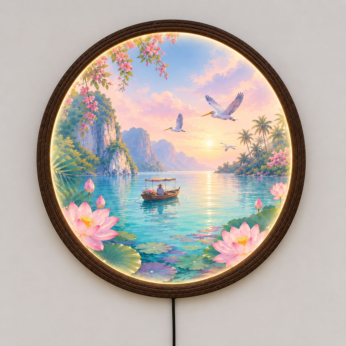 Round Tropical Lotus Lake LED Wall Art – Illuminated Nature Wall Decor