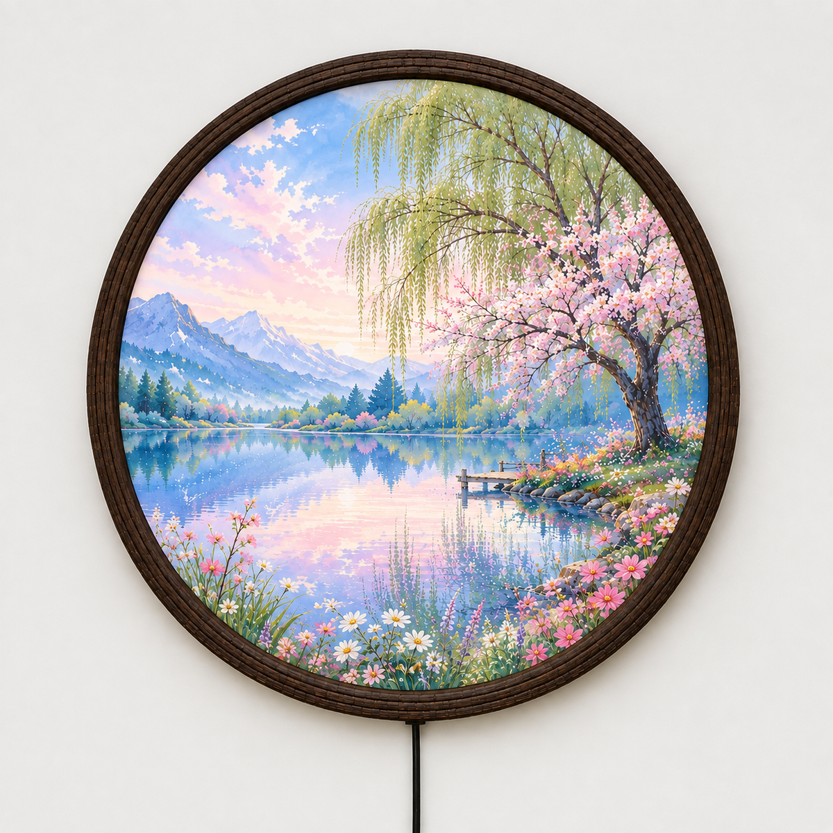 Round Cherry Blossom Lake LED Wall Art – Japanese Landscape Illuminated Wall Decor