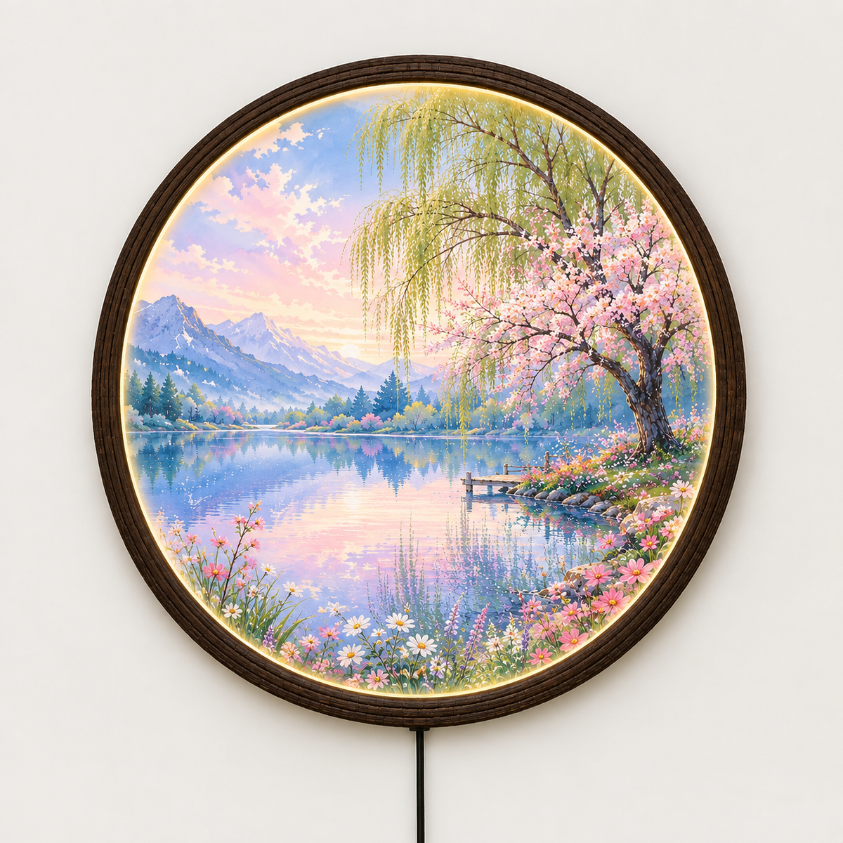 Round Cherry Blossom Lake LED Wall Art – Japanese Landscape Illuminated Wall Decor
