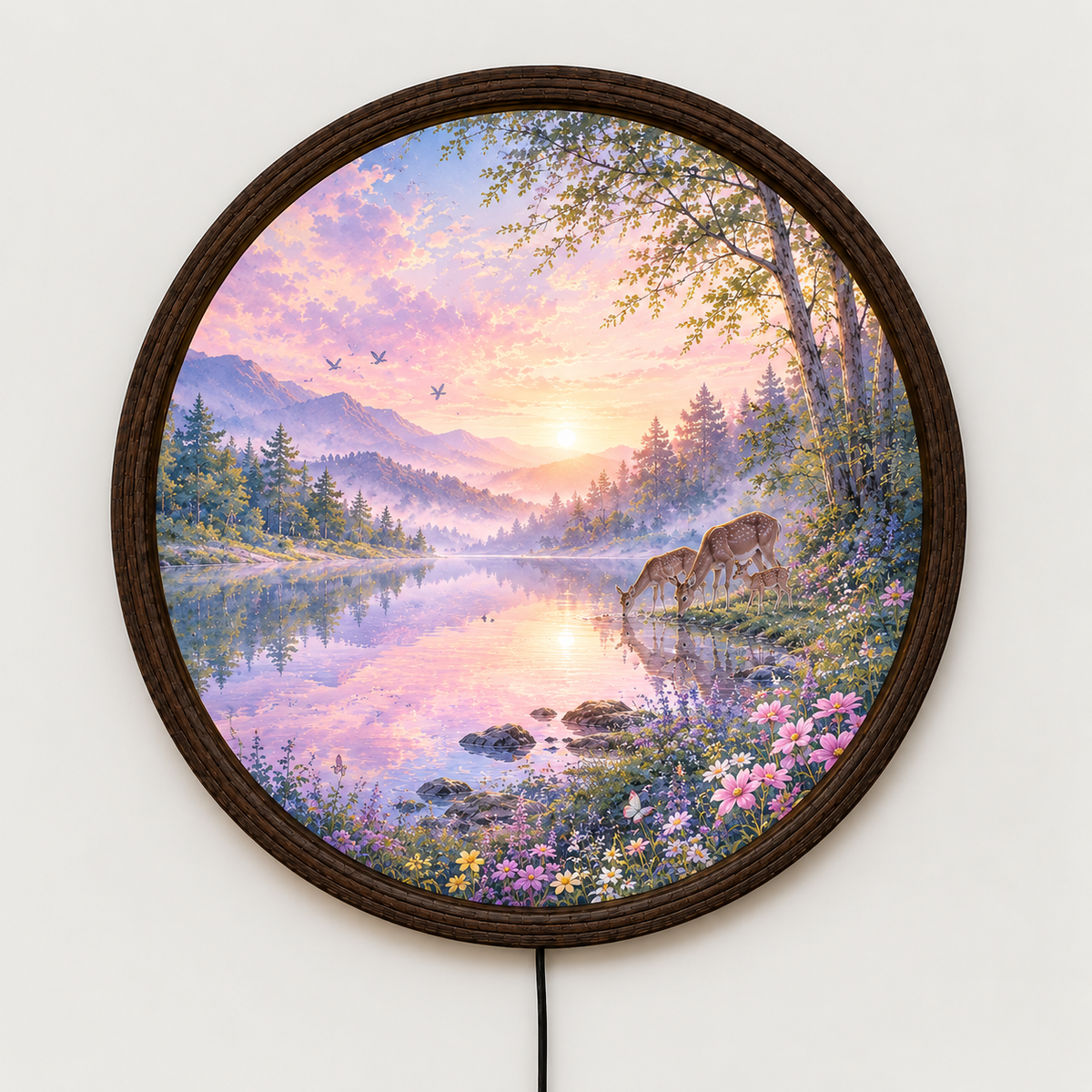 Illuminated Mountain Lake Wall Art – Rustic Nature LED Round Wall Decor
