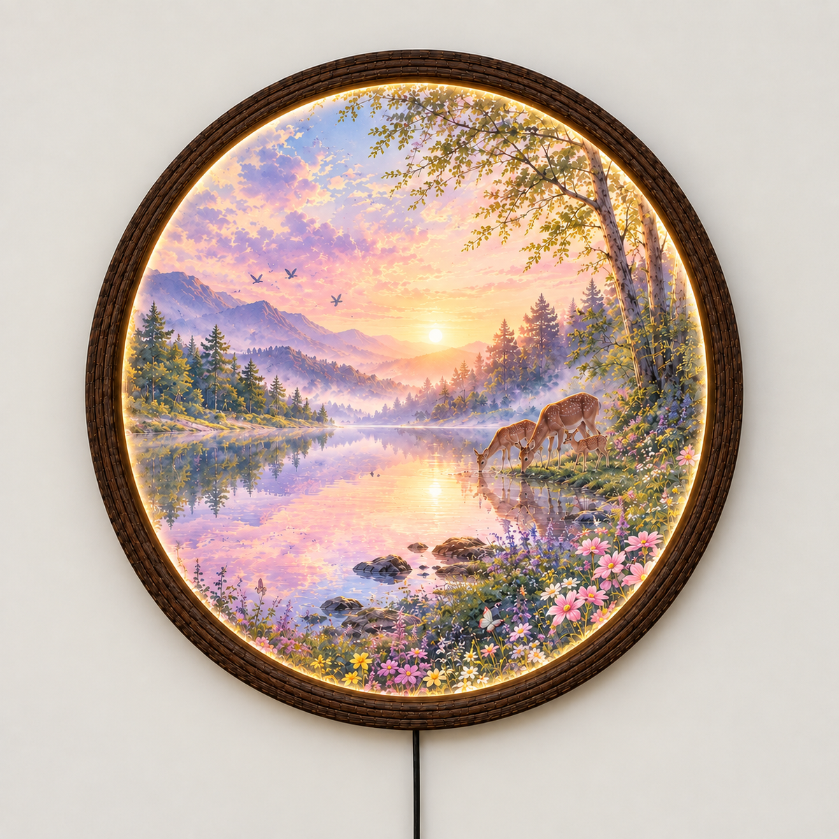 Illuminated Mountain Lake Wall Art – Rustic Nature LED Round Wall Decor