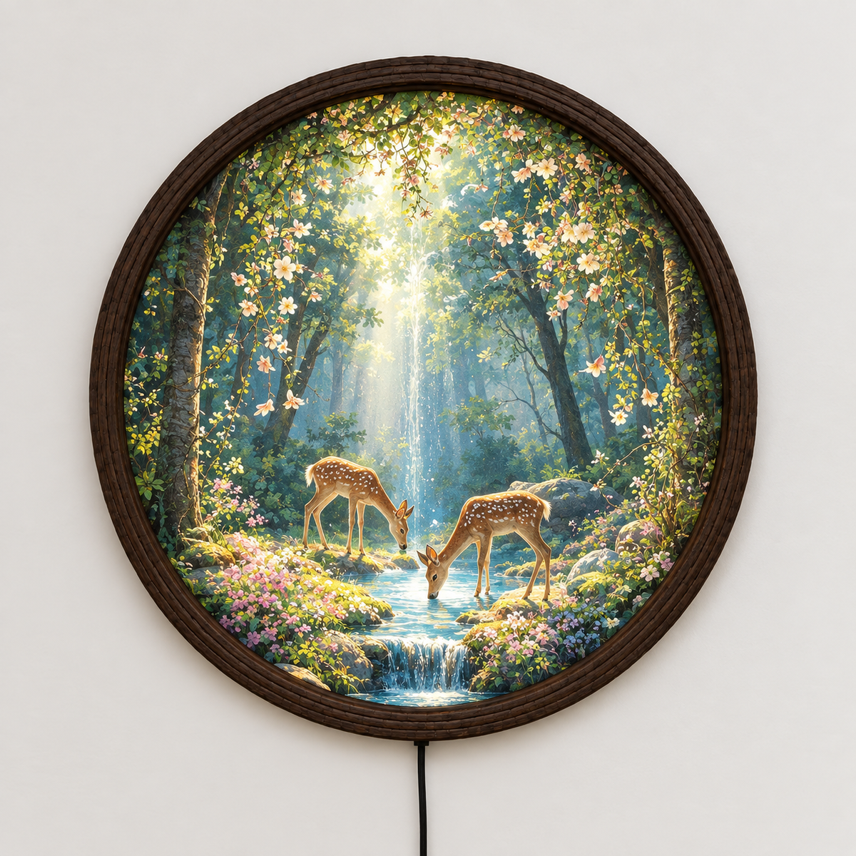 Enchanted Forest Deer LED Wall Art – Round Illuminated Nature Home Decor