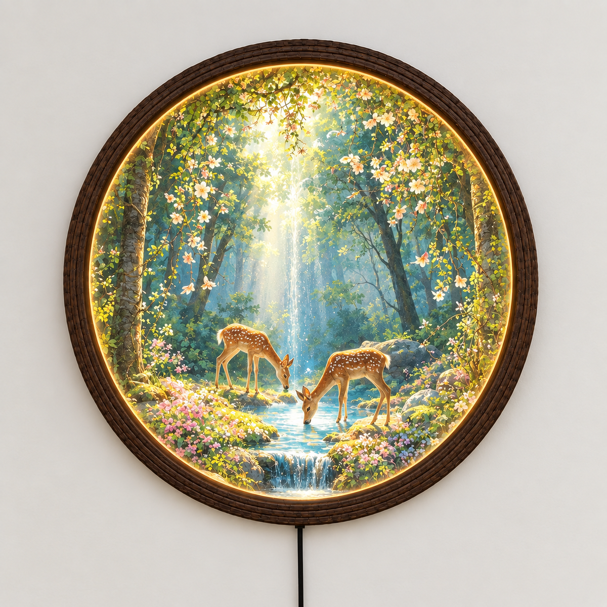 Enchanted Forest Deer LED Wall Art – Round Illuminated Nature Home Decor