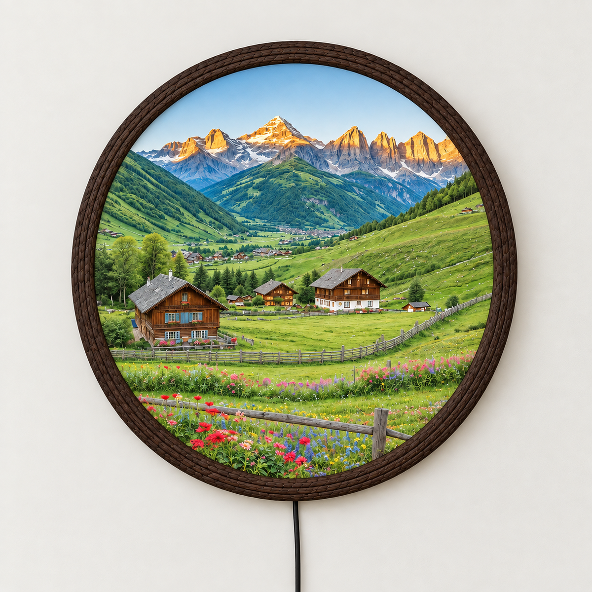 Mountain Village Landscape Round LED Wall Art – Rustic Alpine Home Decor