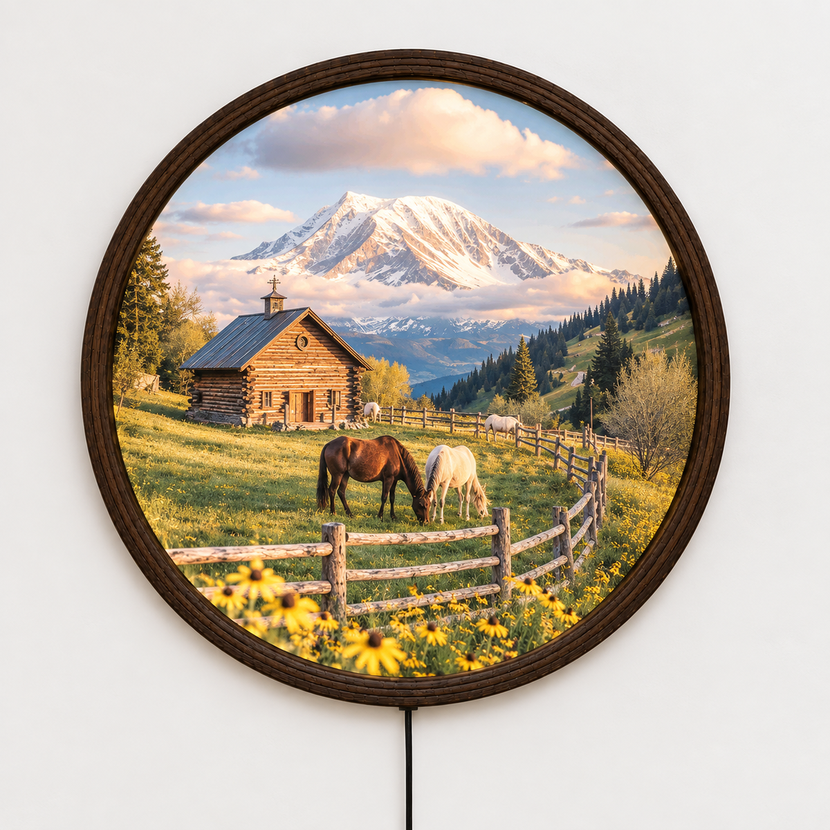Rustic Mountain Cabin LED Wall Art – Round Illuminated Landscape Home Decor