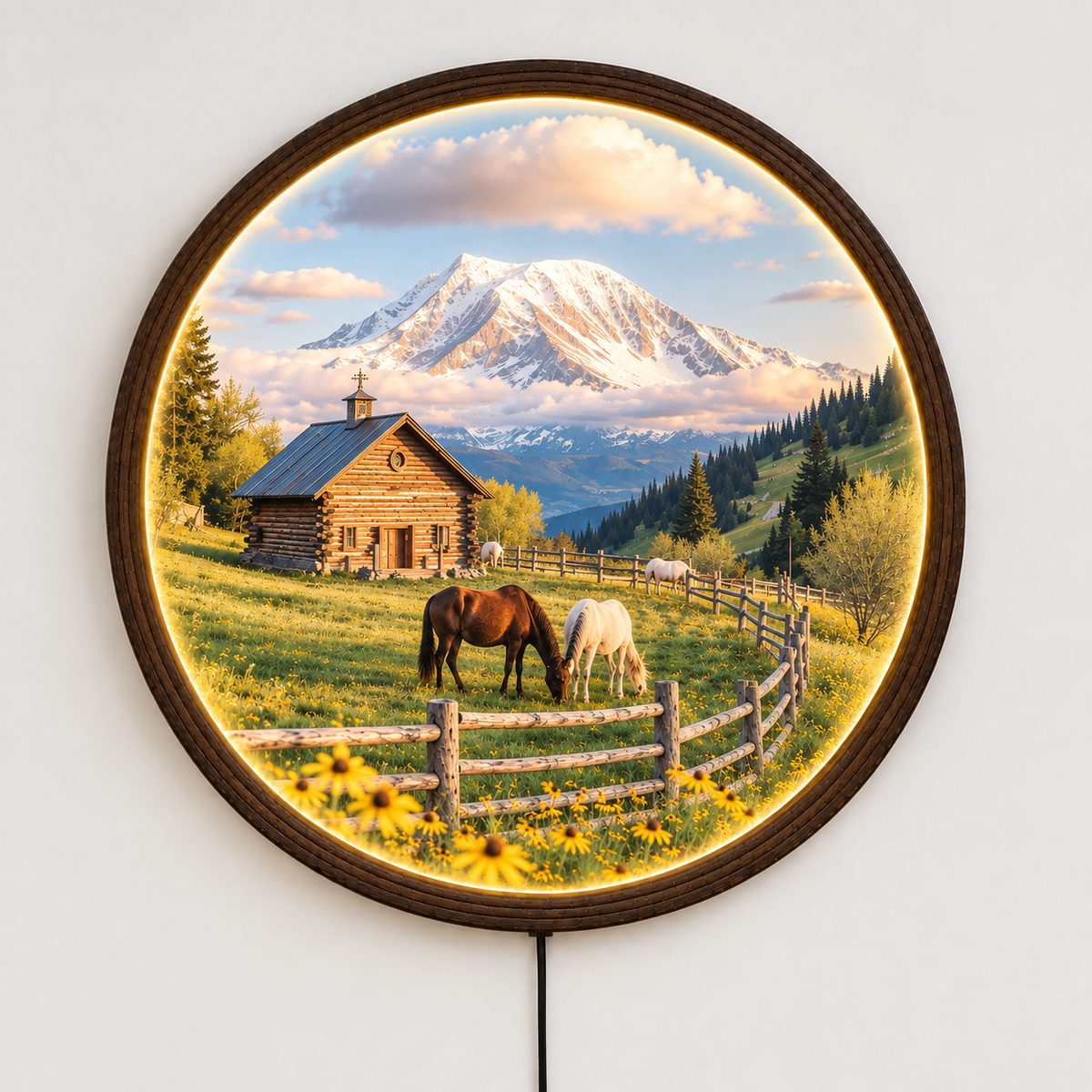 Rustic Mountain Cabin LED Wall Art – Round Illuminated Landscape Home Decor