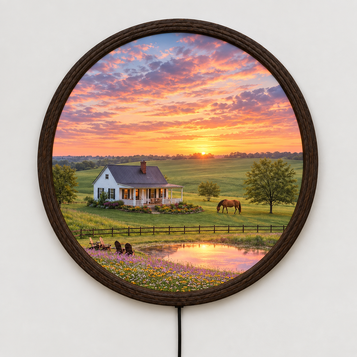 Sunset Countryside LED Wall Art – Rustic Farmhouse Landscape Round Wall Decor