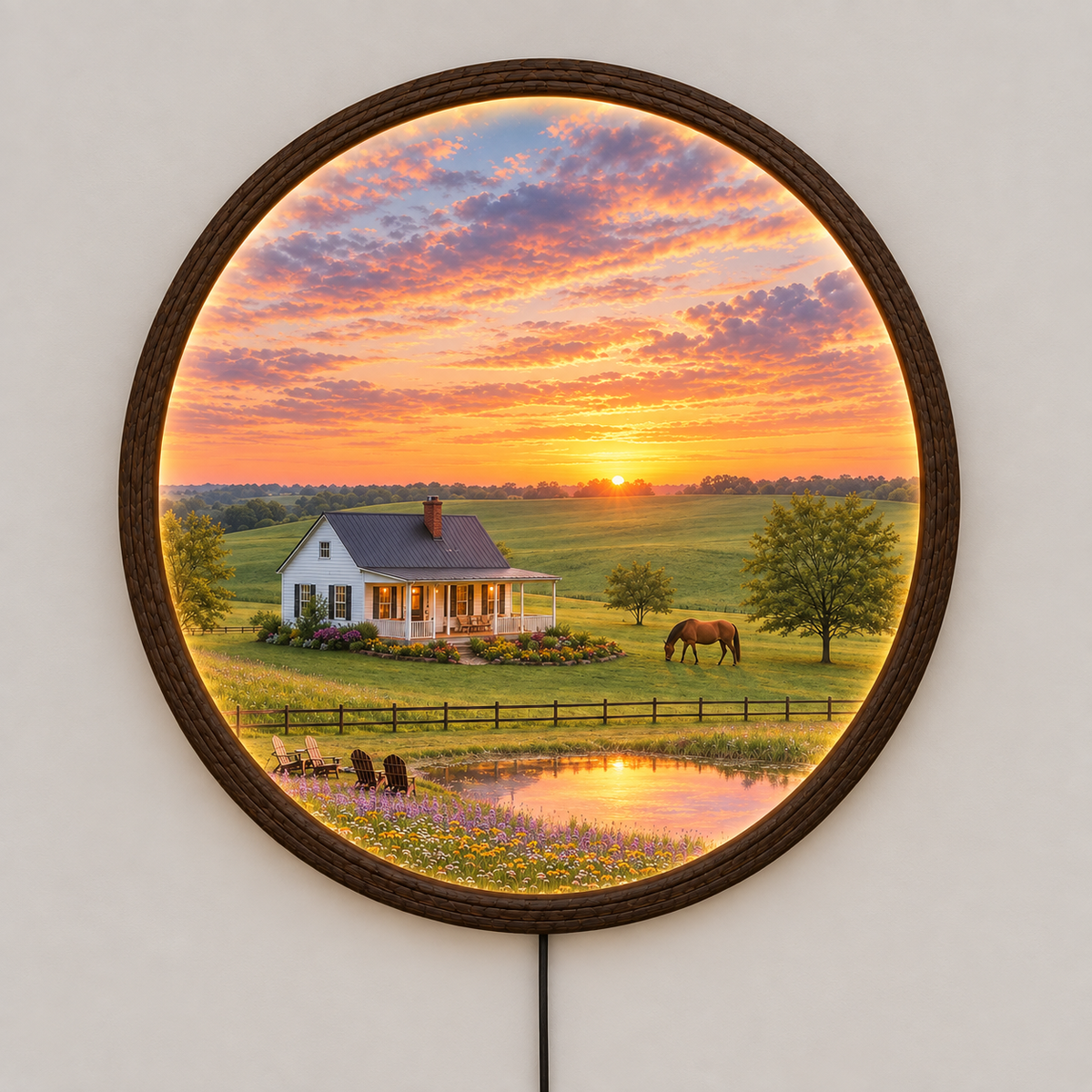 Sunset Countryside LED Wall Art – Rustic Farmhouse Landscape Round Wall Decor