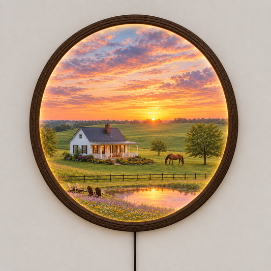 Sunset Countryside LED Wall Art – Rustic Farmhouse Landscape Round Wall Decor