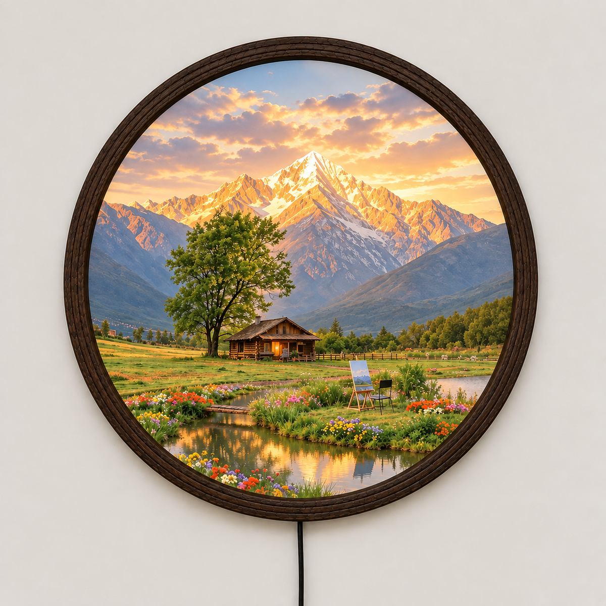 Round Mountain Landscape LED Wall Art – Illuminated Scenic Home Decor