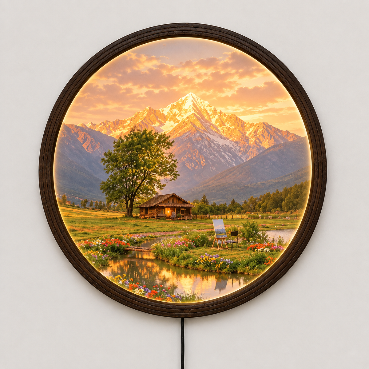 Round Mountain Landscape LED Wall Art – Illuminated Scenic Home Decor