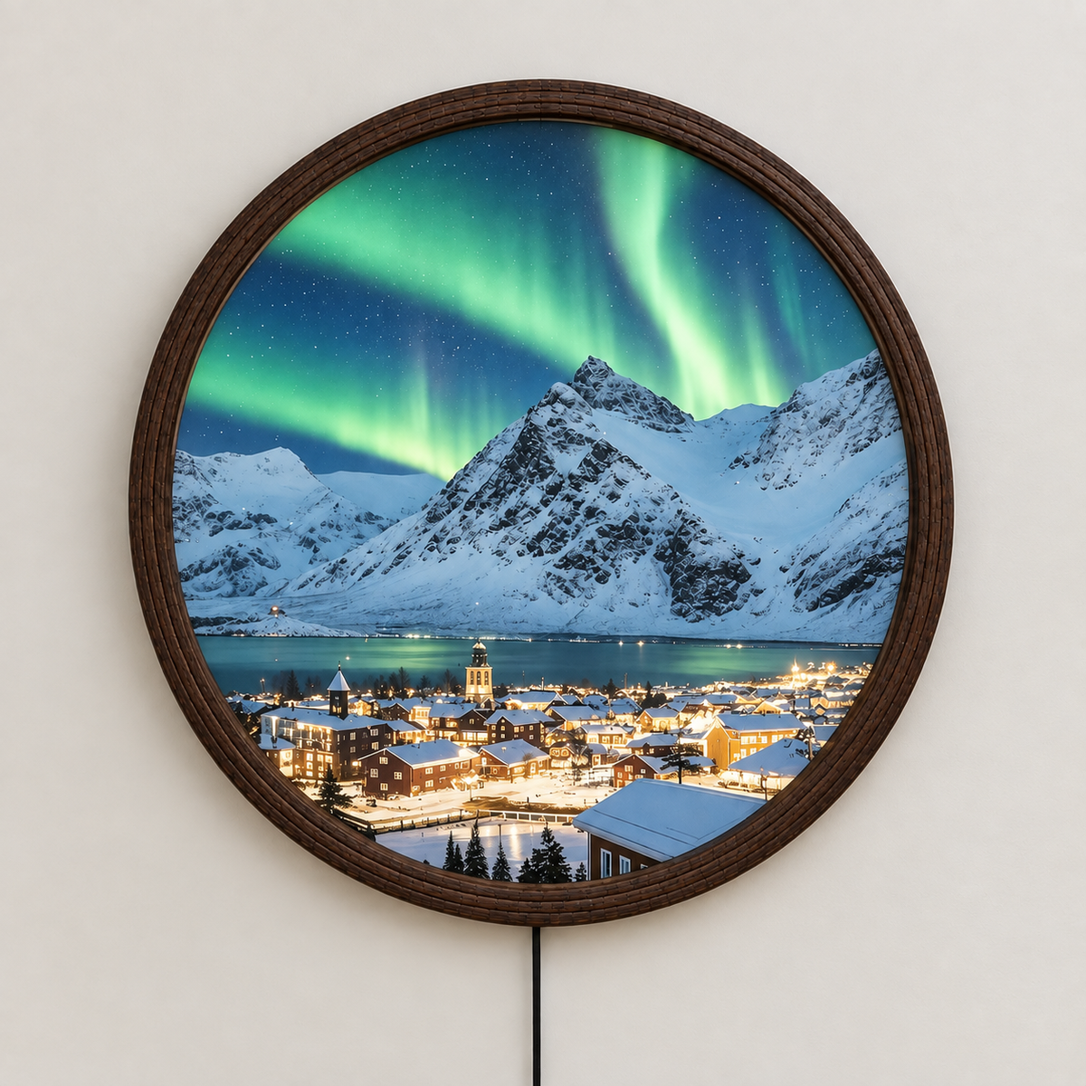 Northern Lights Mountain Village Embroidered Patch, Snowy Landscape Scenic Embroidery Patch, Aurora Borealis Outdoor Adventure Patch