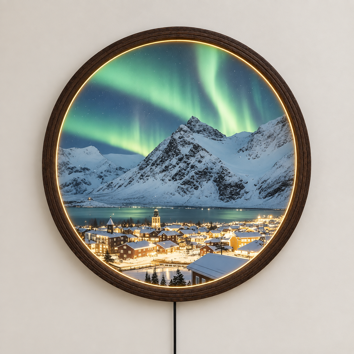 Northern Lights Mountain Village Embroidered Patch, Snowy Landscape Scenic Embroidery Patch, Aurora Borealis Outdoor Adventure Patch