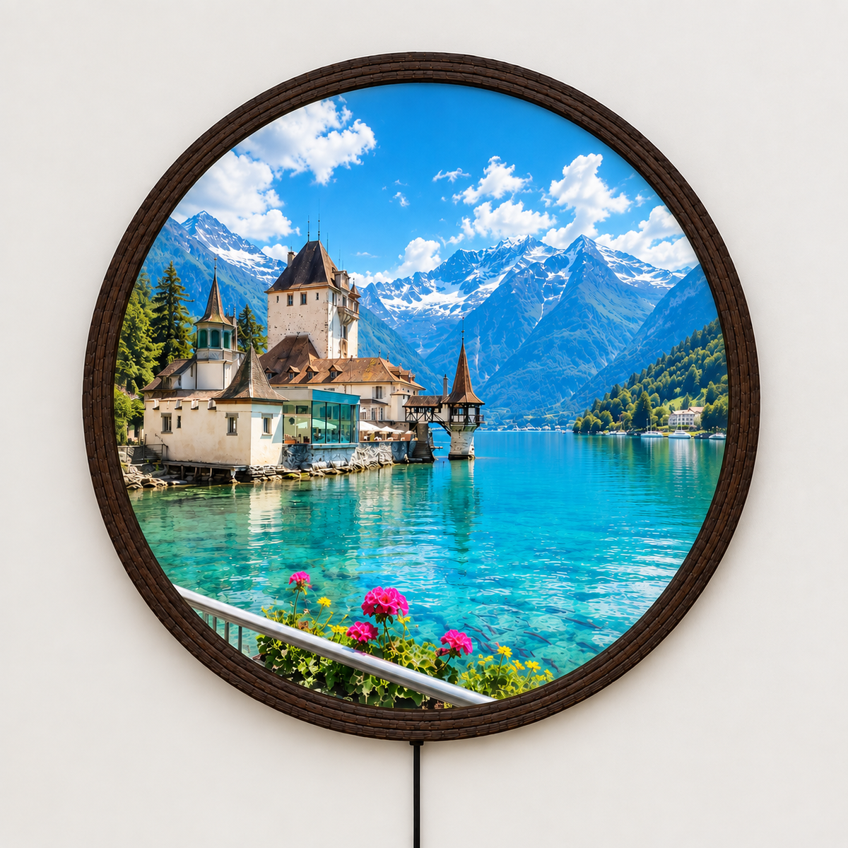 Illuminated Alpine Lake Round Wall Art – LED Lighted Mountain Landscape Decor