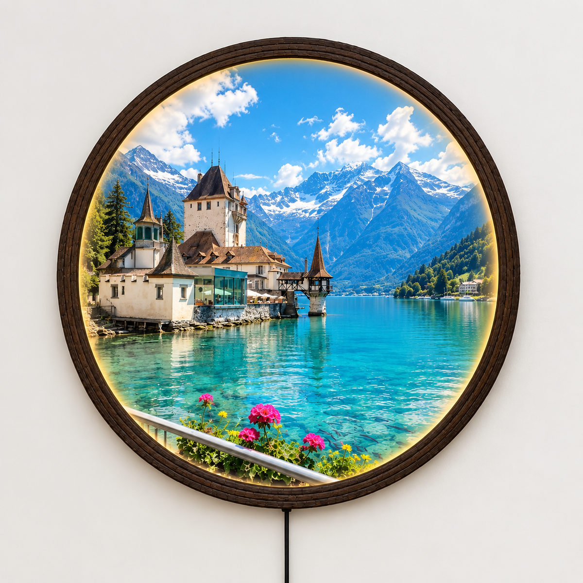 Illuminated Alpine Lake Round Wall Art – LED Lighted Mountain Landscape Decor