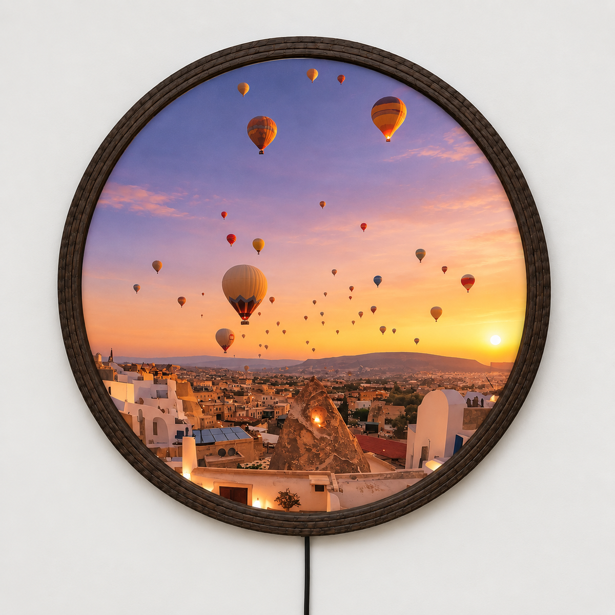 Hot Air Balloon Sunset LED Wall Art – Round Illuminated Wall Decor