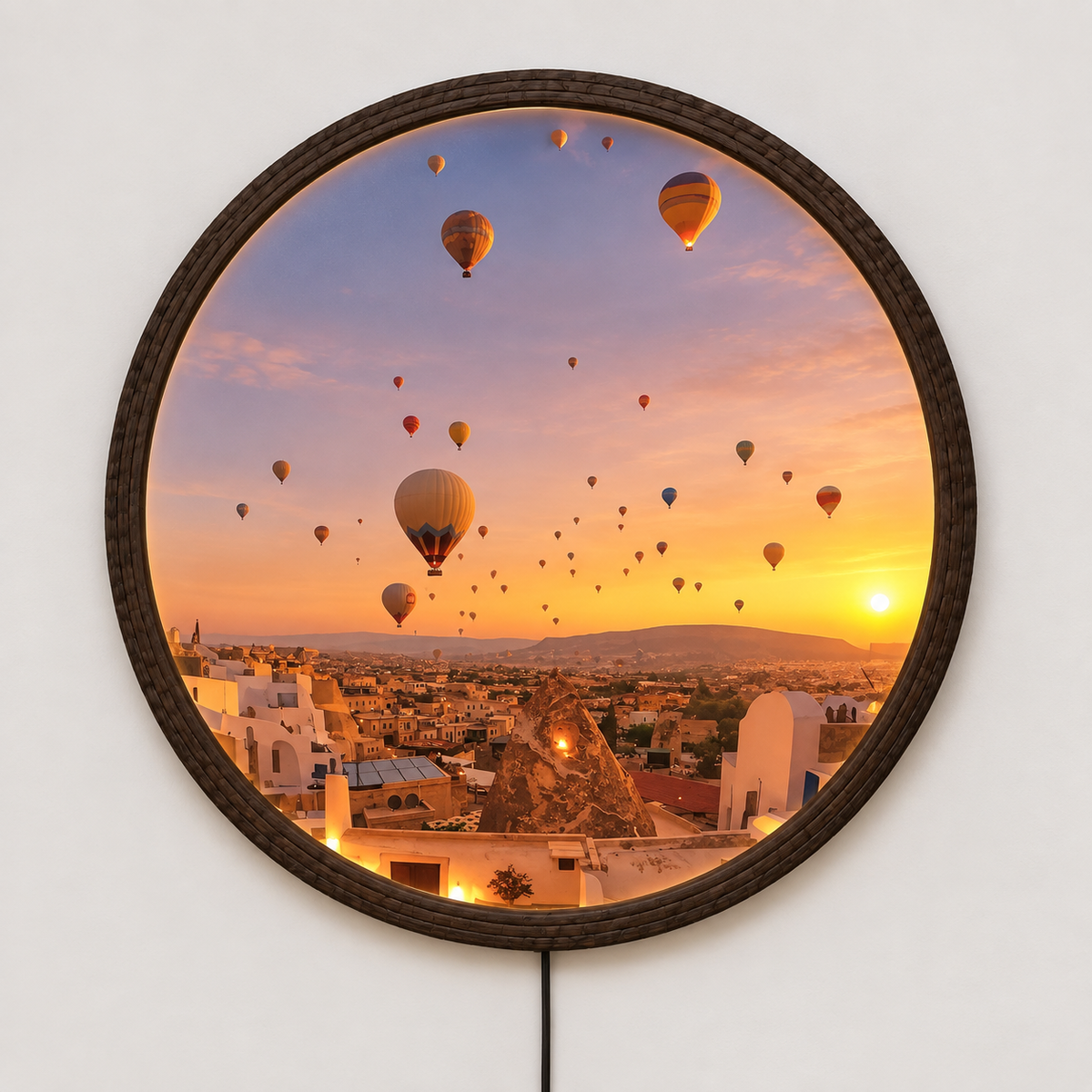 Hot Air Balloon Sunset LED Wall Art – Round Illuminated Wall Decor
