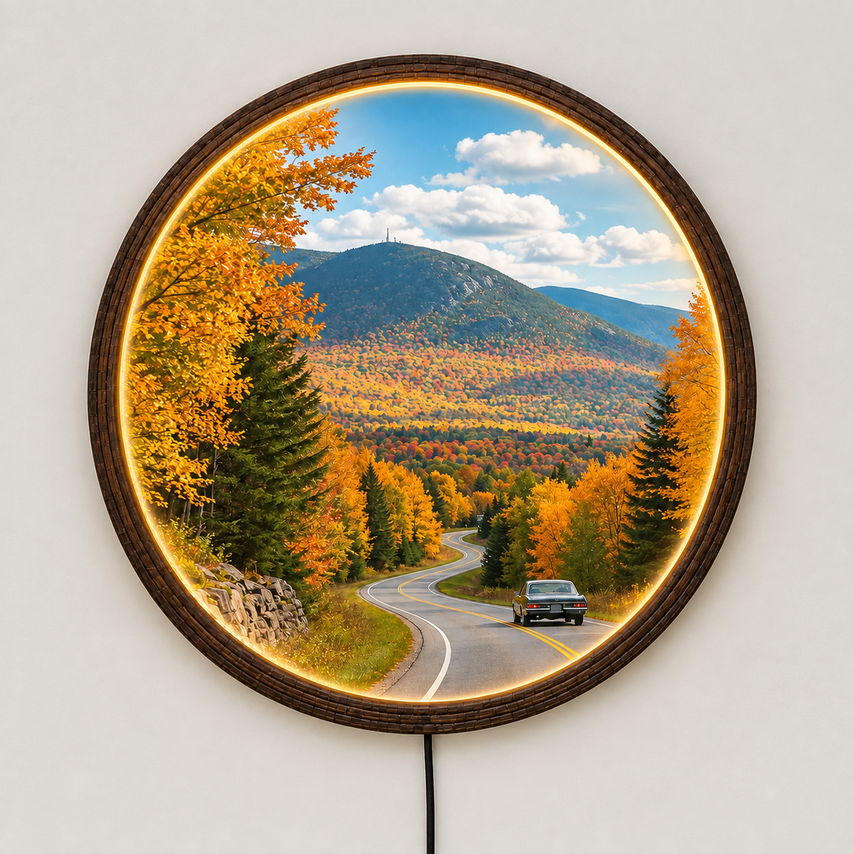 Illuminated Mountain Landscape Wall Art – LED Round Wall Decor