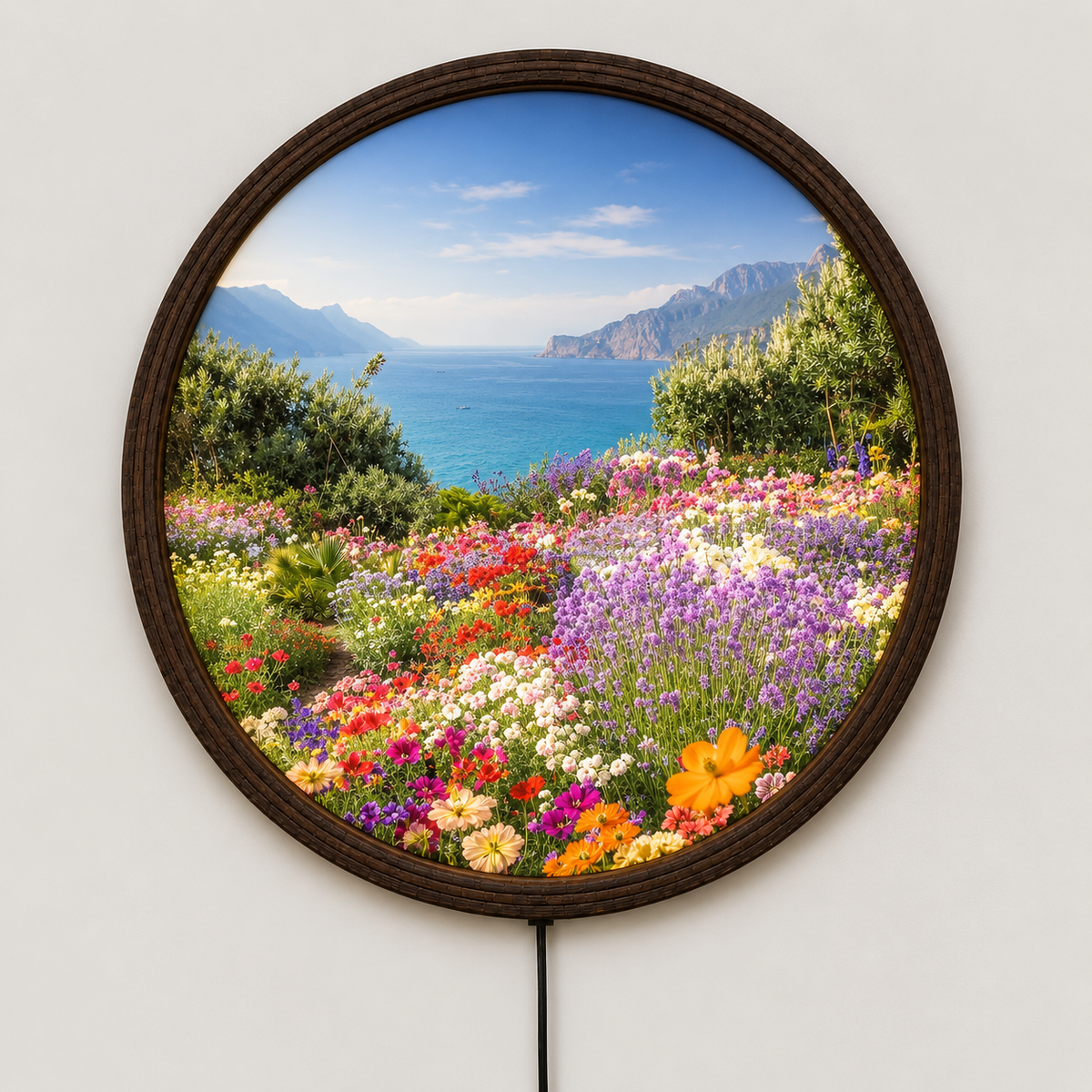 Coastal Wildflower Garden LED Wall Art – Round Illuminated Landscape Wall Decor