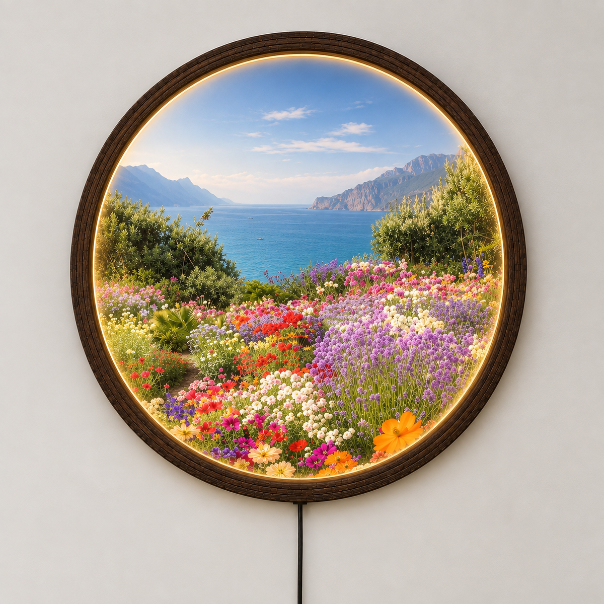 Coastal Wildflower Garden LED Wall Art – Round Illuminated Landscape Wall Decor