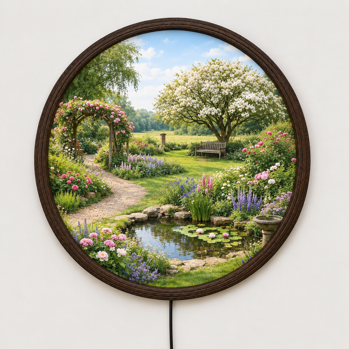 Round Garden LED Wall Art Light – Illuminated Floral Landscape Home Decor
