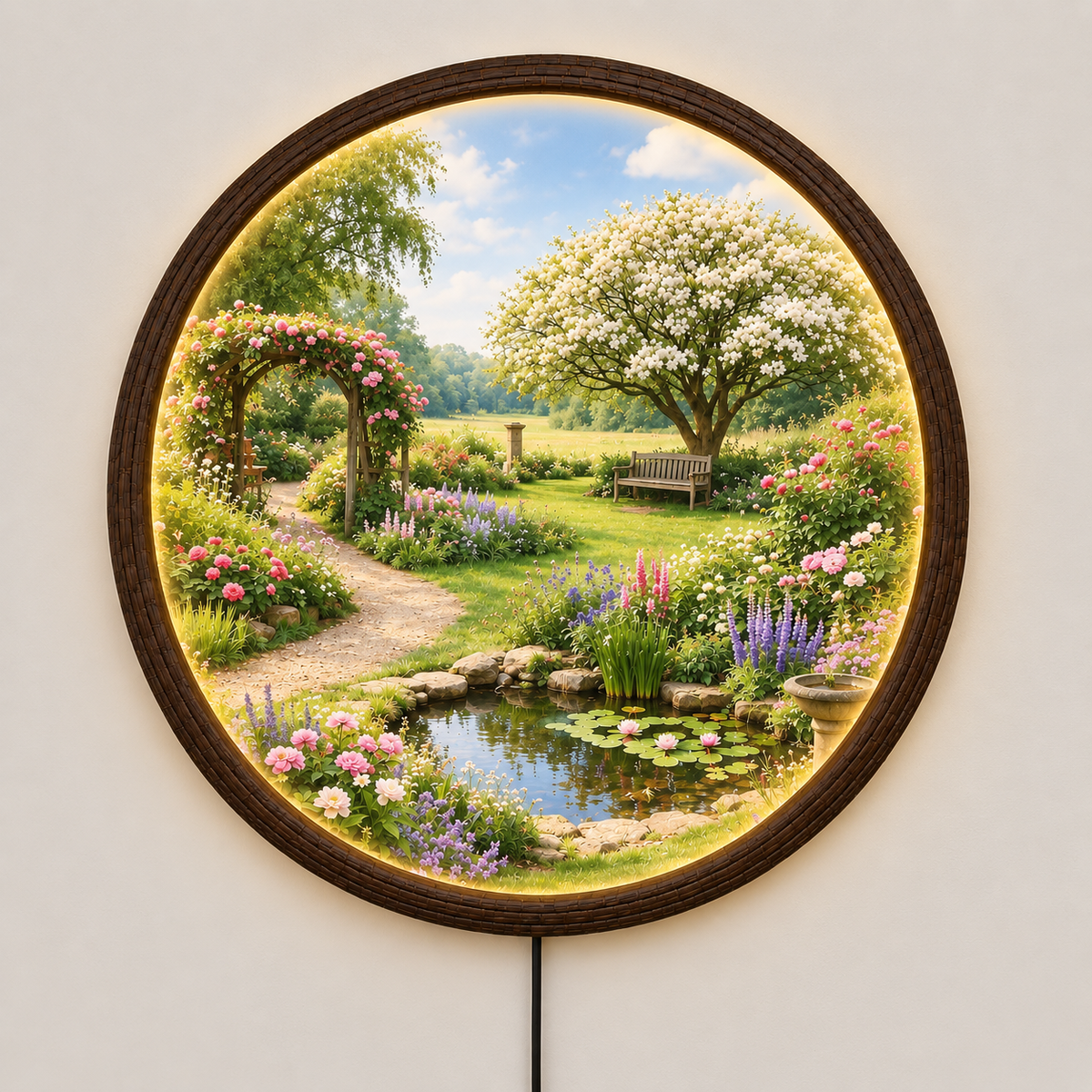 Round Garden LED Wall Art Light – Illuminated Floral Landscape Home Decor
