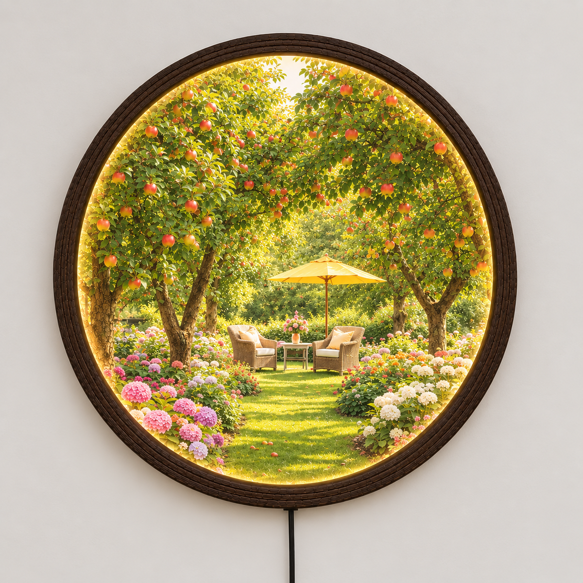 Garden Apple Tree LED Wall Art Lamp – Round Illuminated Wall Decor with Mica Front