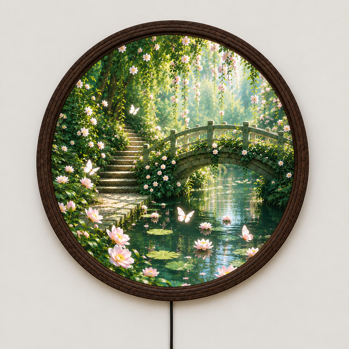 Illuminated Garden Bridge Round Wall Art – LED Lighted Nature Wall Decor