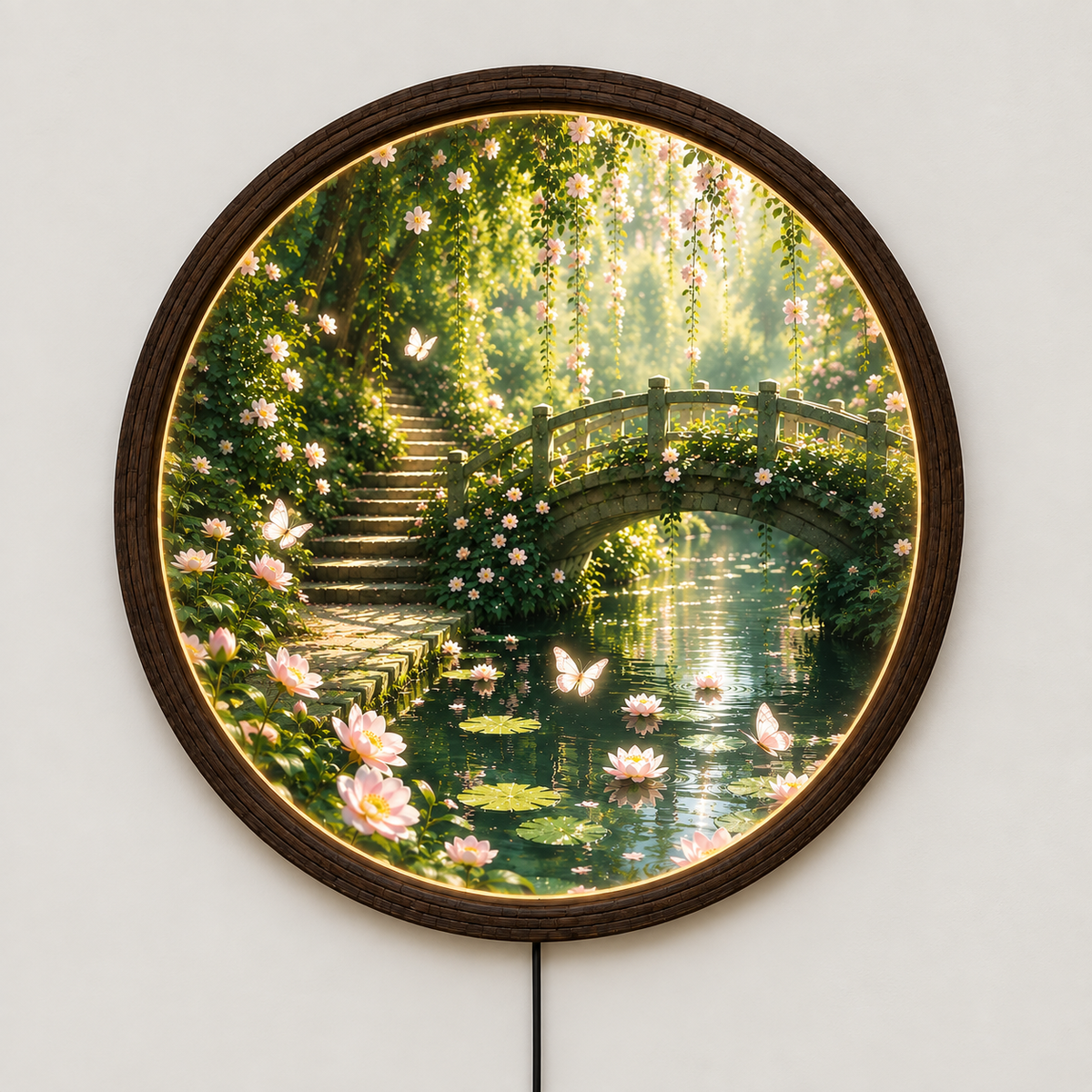 Illuminated Garden Bridge Round Wall Art – LED Lighted Nature Wall Decor