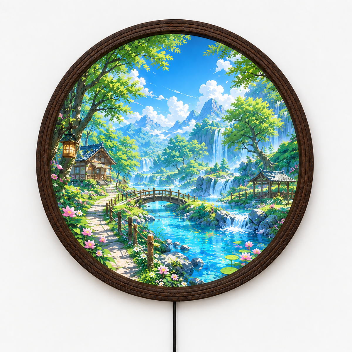 Waterfall Mountain Landscape LED Wall Art – Round Illuminated Nature Wall Decor