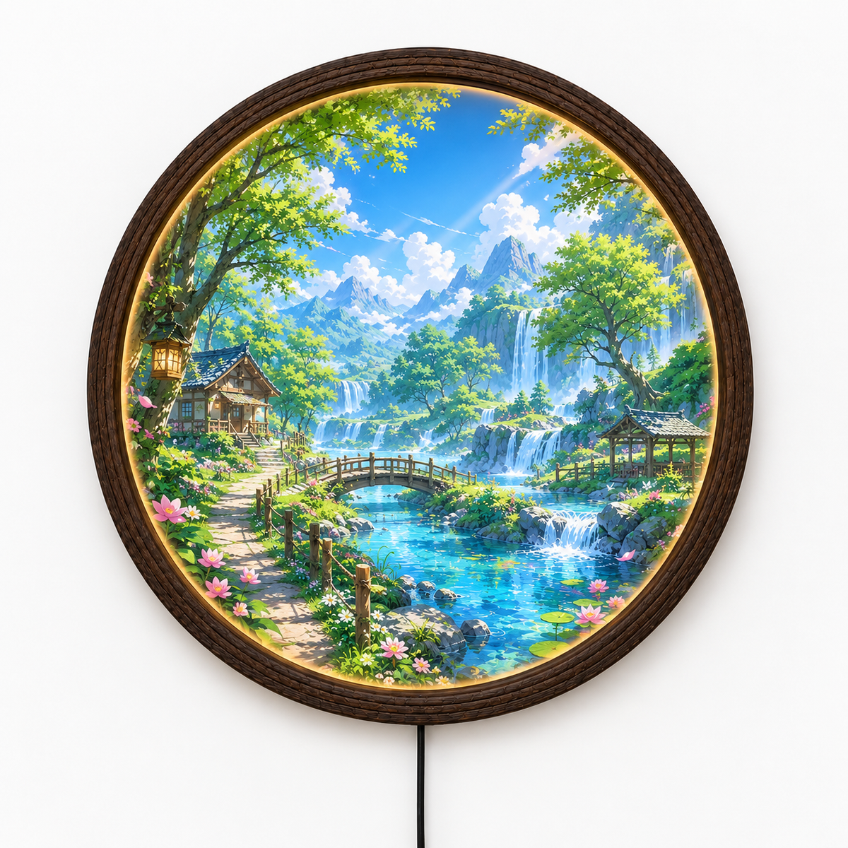 Waterfall Mountain Landscape LED Wall Art – Round Illuminated Nature Wall Decor