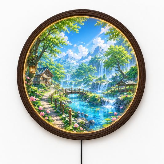 Waterfall Mountain Landscape LED Wall Art – Round Illuminated Nature Wall Decor
