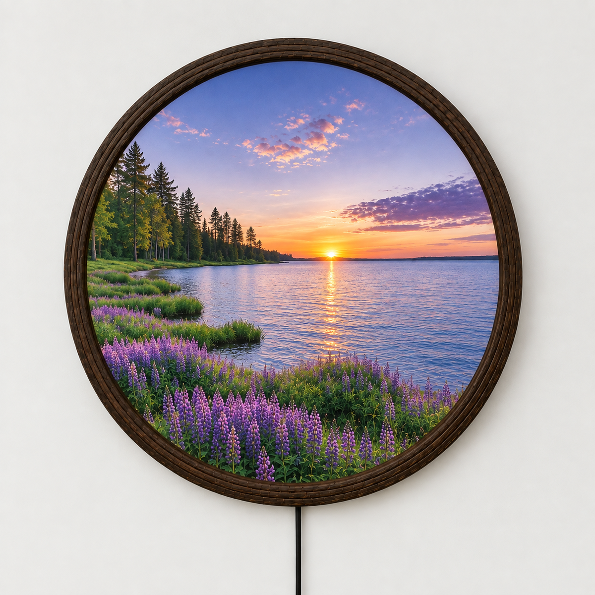 Round LED Lake Sunset Wall Art – Illuminated Nature Wall Decor