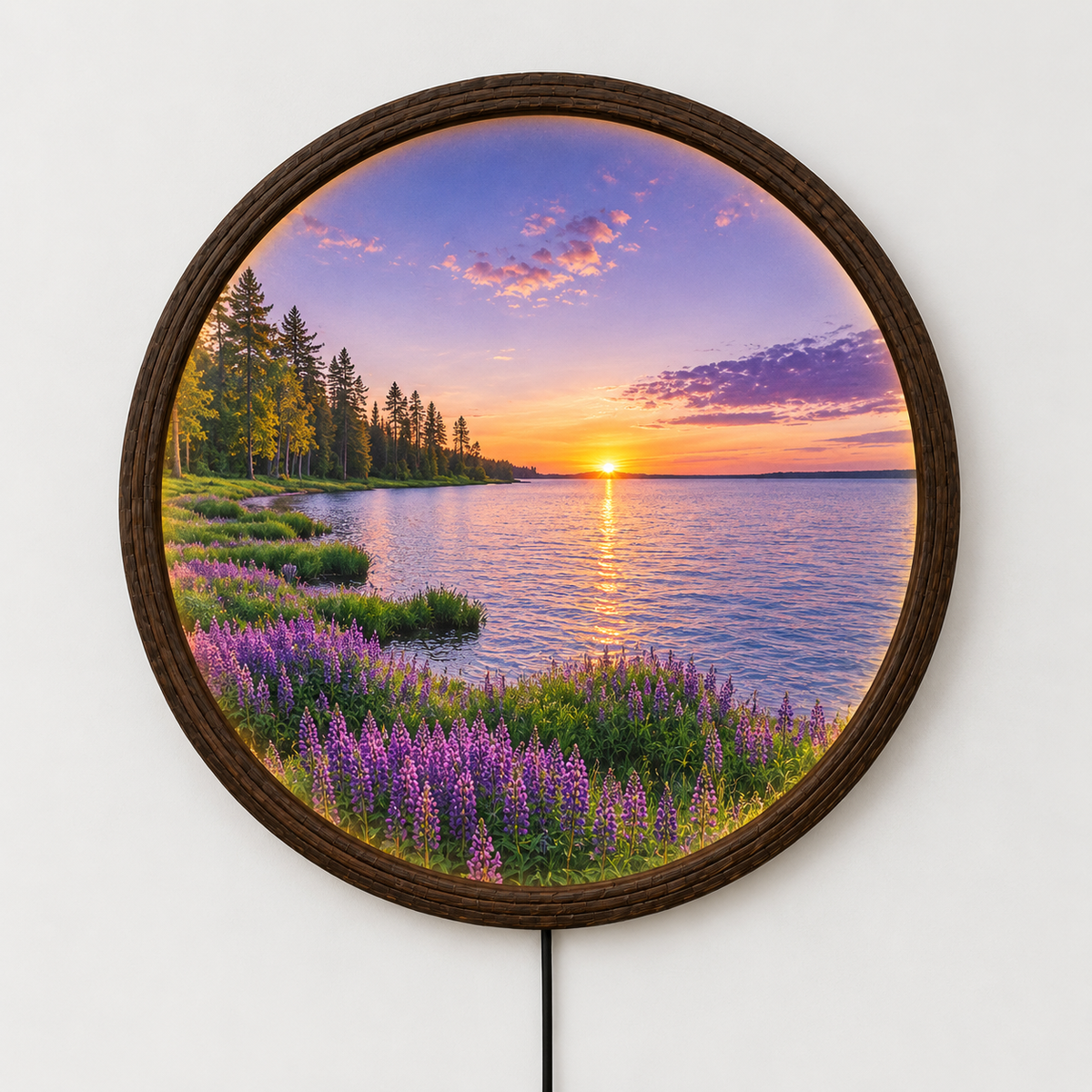 Round LED Lake Sunset Wall Art – Illuminated Nature Wall Decor