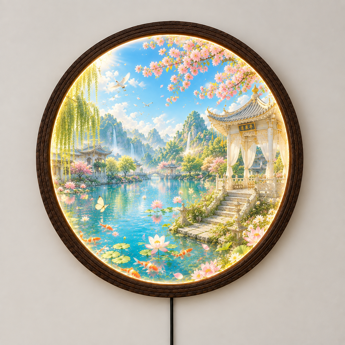 Japanese Garden LED Wall Art – Round Illuminated Landscape Wall Decor